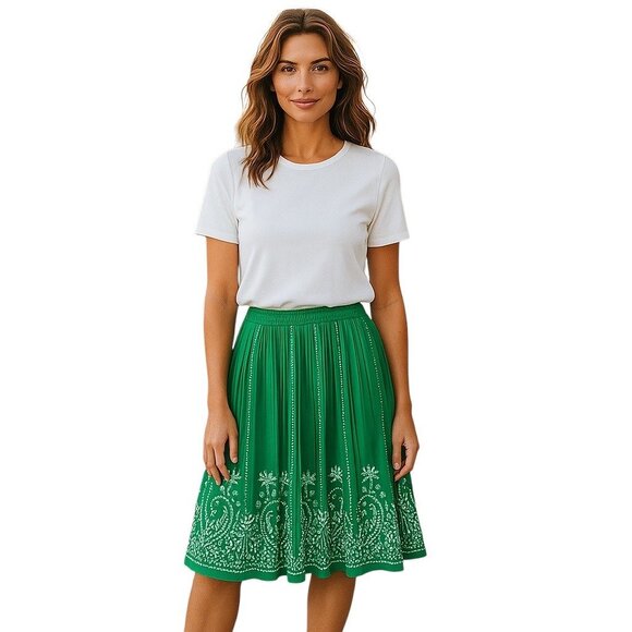 Anthony Richards Pleated Floral Midi Skirt Green Size MP Vintage Coastal Cottage - Picture 1 of 13